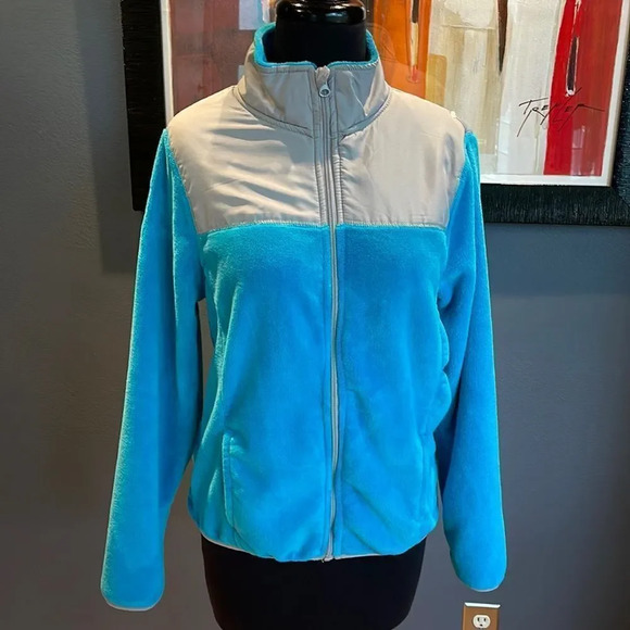 Emily B ultra soft turquoise fleece/gray accent full zip fleece. Small. - Picture 1 of 6